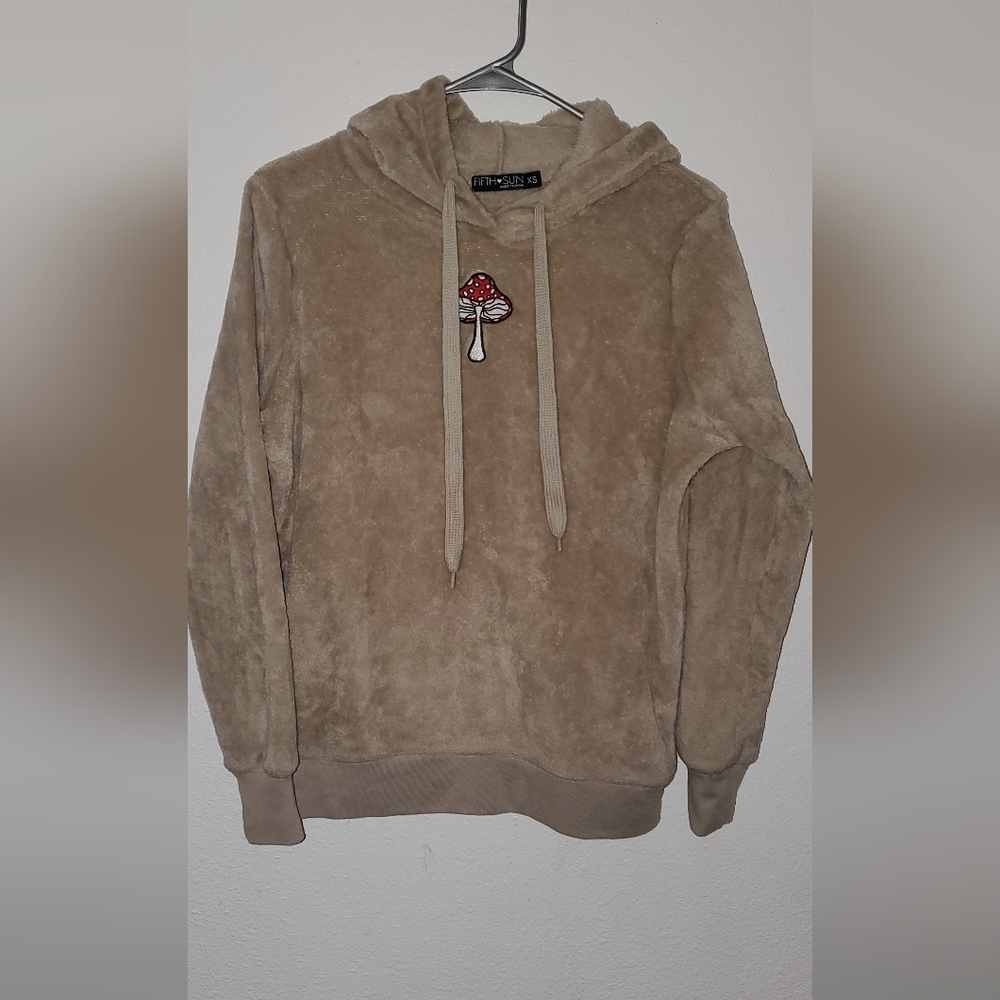 Tan Hoodie with Mushroom Embroidery